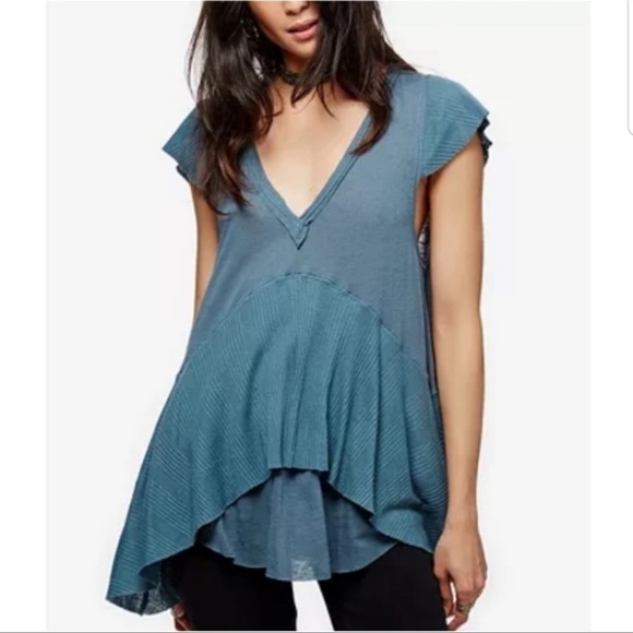 Free People Mary Anne tiered raw hem woman’s teal boho top size small - Picture 1 of 13